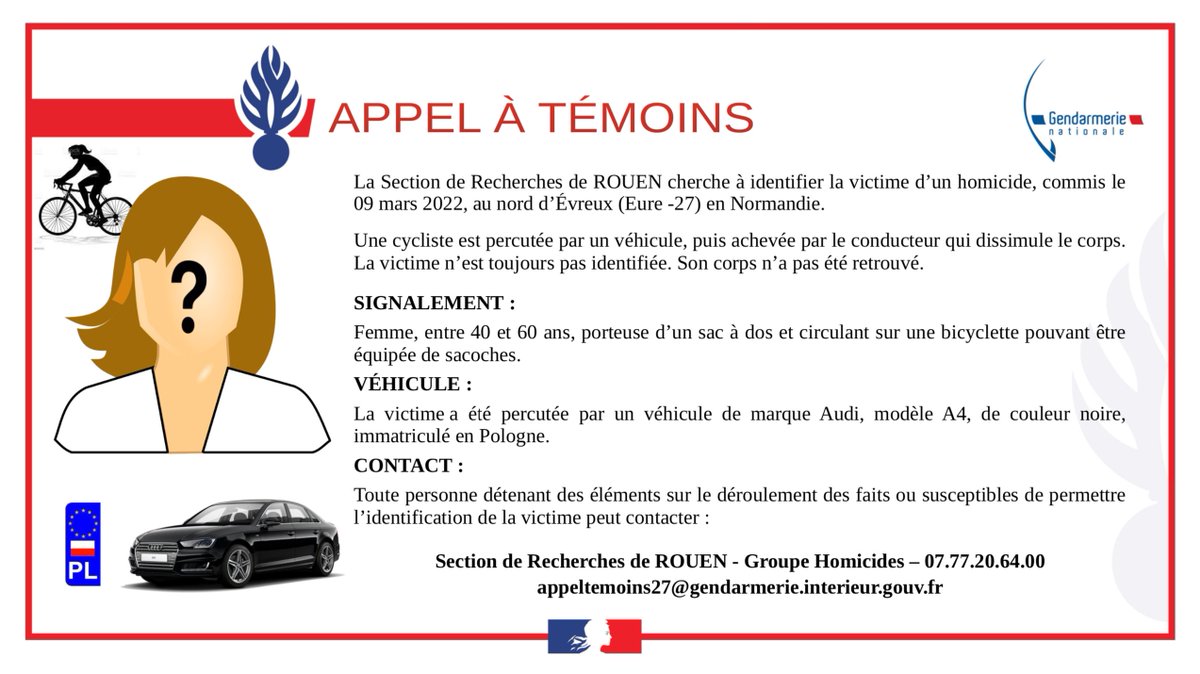 Gendarmerie's tweet image. #AppelATémoins 🚨 La Section de Recherches de Rouen cherche à identifier la victime d’un homicide, commis le 09 mars 2022, au nord d’Évreux [Eure] en Normandie... #GendarmerieNationale