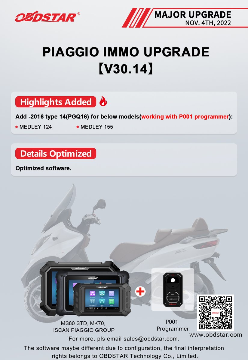 ObdstarTec's tweet photo. #OBDSTAR #Motorcycle #IMMO
#MajorUpgrade
PIAGGIO IMMO UPGRADE【V30.14】
VESPA IMMO UPGRADE【V30.14】
#motorcyclescanner #scannertool #diagtool #motordiag #MotoIMMO #MS80STD #MotorcycleDiagnosticScanner #MotorcycleScannerTool #KeyProgramming https://t.co/dof5VMS4V5