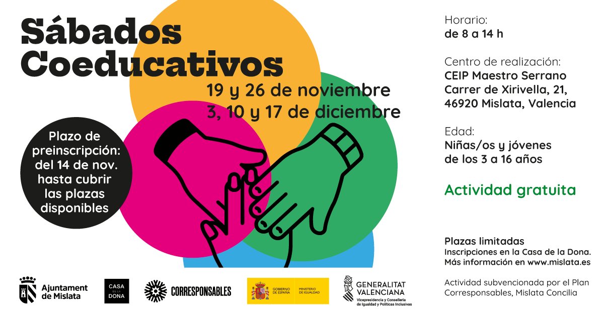 ✅ Programa Corresponsables: SÁBADOS COEDUCATIVOS

👥 Actividades dirigidas a niños/as de 3 a 16 años para ayudar a la conciliación familiar

📢 Abierto el plazo de INSCRIPCIONES, hasta cubrir todas las plazas disponibles.

ℹ️ Toda la INFO ➤ bit.ly/3O1OLVx
