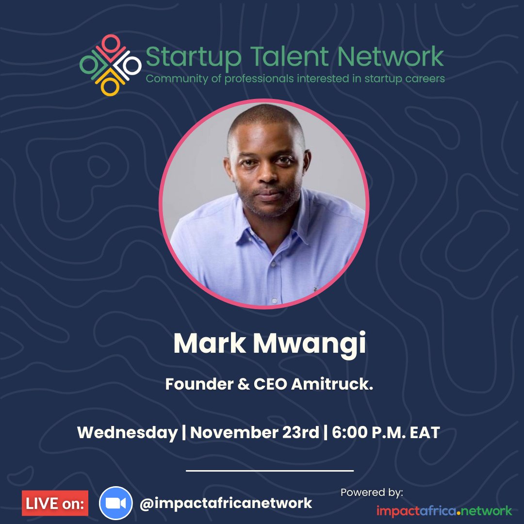STNetworkTweets's tweet photo. We're STN &amp; we're in your business regarding your growth as a Startup Professional!  

Join us as we Host @amitrucks CEO, Mark Mwangi in a virtual fireside chat dicussing his Journey and lessons he's learned as a founder! 

Be a part of the conversation: https://t.co/DoUFWC5M0s https://t.co/Bse219CjUN