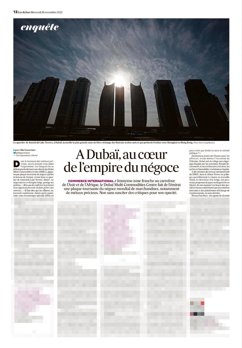 lmgaveriaux's tweet photo. 🧨Il m'a fallu six mois, pour enquêter sur l'empire du négoce à Dubaï, le #DMCC #ZoneFranche et trouver la nouvelle raffinerie de #Kaloti -épinglé en 2019 pour avoir blanchi l'or sale des milices soudanaises pendant des années #CrimeFinancierInternational
A lire dans @LesEchos 💥 https://t.co/ODuUhLTi9K