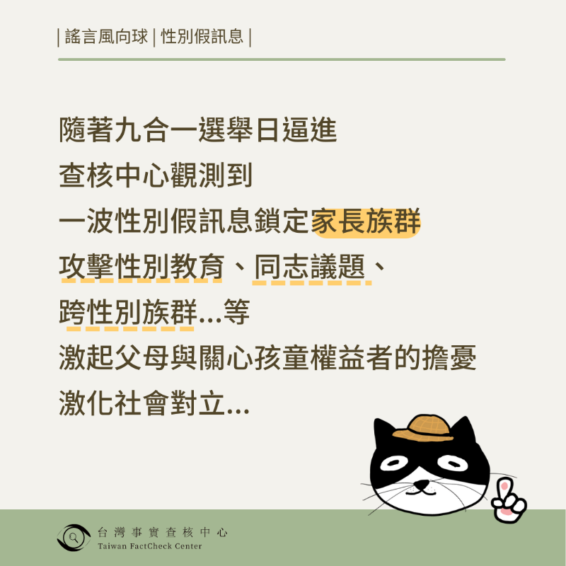 taiwantfc's tweet photo. 【🎈謠言風向球 】性別假訊息 激發政治對立 3心法避免被牽著走
隨著九合一選舉日逼進，查核中心觀測到一波性別假訊息鎖定家長族群，攻擊性別教育、同志議題、跨性別族群...等，激起父母與關心孩童權益者的擔憂，激化社會對立...