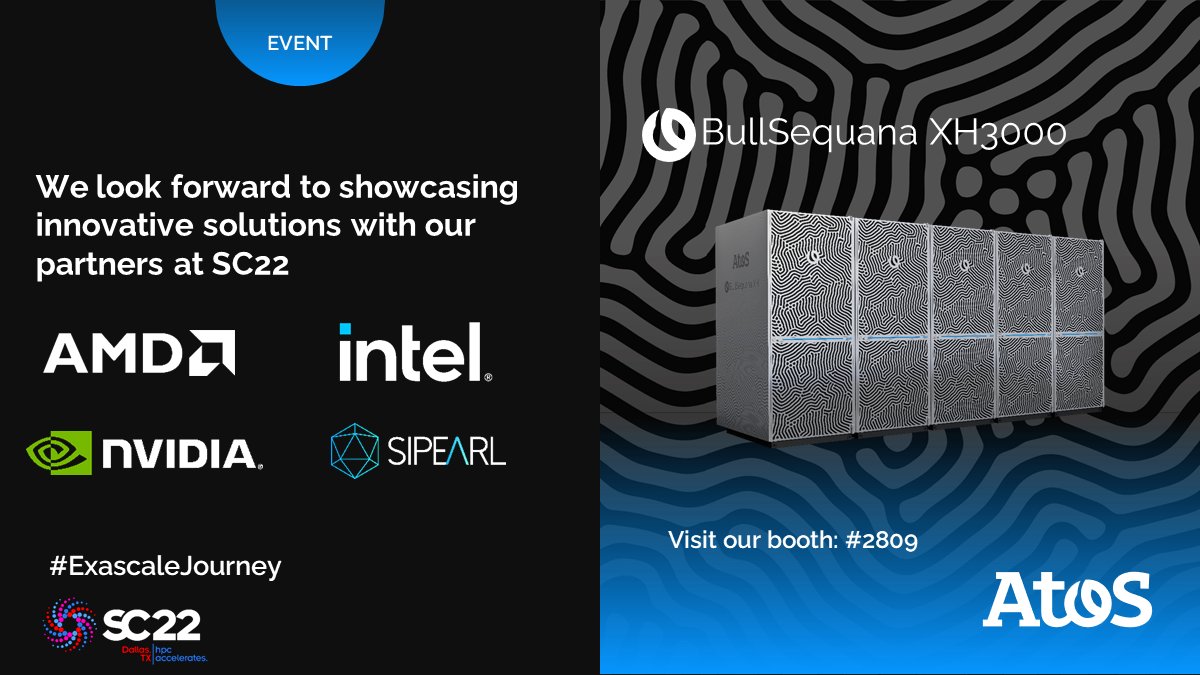 Atos is proud to stand by our partners at SC22. Our partnerships with <a href="/AMD/">AMD</a>, <a href="/intel/">Intel</a>, <a href="/nvidia/">NVIDIA</a>, and @SIPEARL_SAS  make it possible to accomplish technical challenges to meet the needs of our customers. Learn more at our booth, #2809!  spr.ly/6015M0H4R