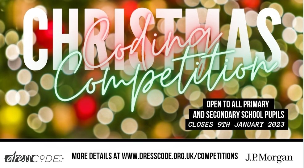 🚨Christmas coding competition open to all Primary &amp; Secondary pupils! 

🎄Code a Christmas themed project that includes Santa.🎅Closes midnight 9th of Jan!

More details at dresscode.org.uk/competitions 

#ChooseComputingScience #caschat <a href="/caschat_uk/">CASCHAT</a> #edutwitter