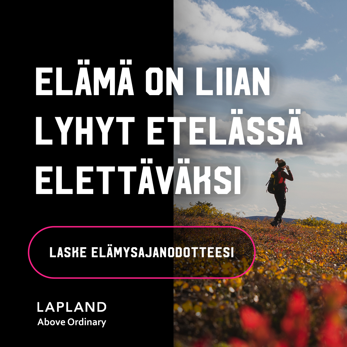 Suunnittelimme Lapille kampanjan ja mistäpä muustakaan siinä puhutaan kuin elämän lyhyydestä. Syntyi kampanja Elämä on liian lyhyt etelässä elettäväksi. Kamppis leviää somessa ja kampanjasaitilla elama.lapland.fi voit jopa laskea oman Elämysajanodotteesi.