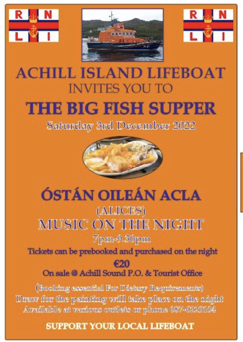 Please support our Big Fish Supper evening at Óstán Oilean Acla (Alice’s) on Saturday 3rd December between 7 and 9.30pm. €20 (half price for children under 12) and help us #savelivesatsea .