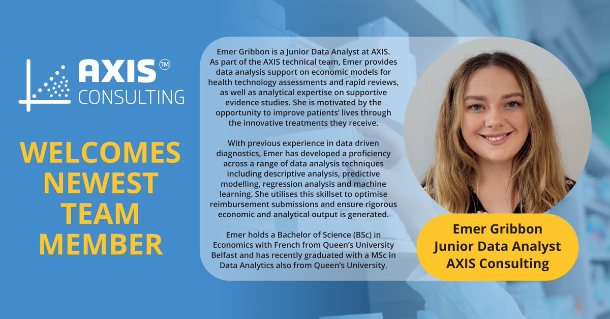 AXISConsultLTD's tweet photo. AXIS is delighted to welcome its newest team member Emer Gribbon. As the Junior Data Analyst at AXIS, Emer provides data analysis support on economic models for HTA's & rapid reviews. We look forward to all the great contributions she’ll make to our team.
#TeamAXIS #HEOR #Growth https://t.co/1Sv8VGMAkq
