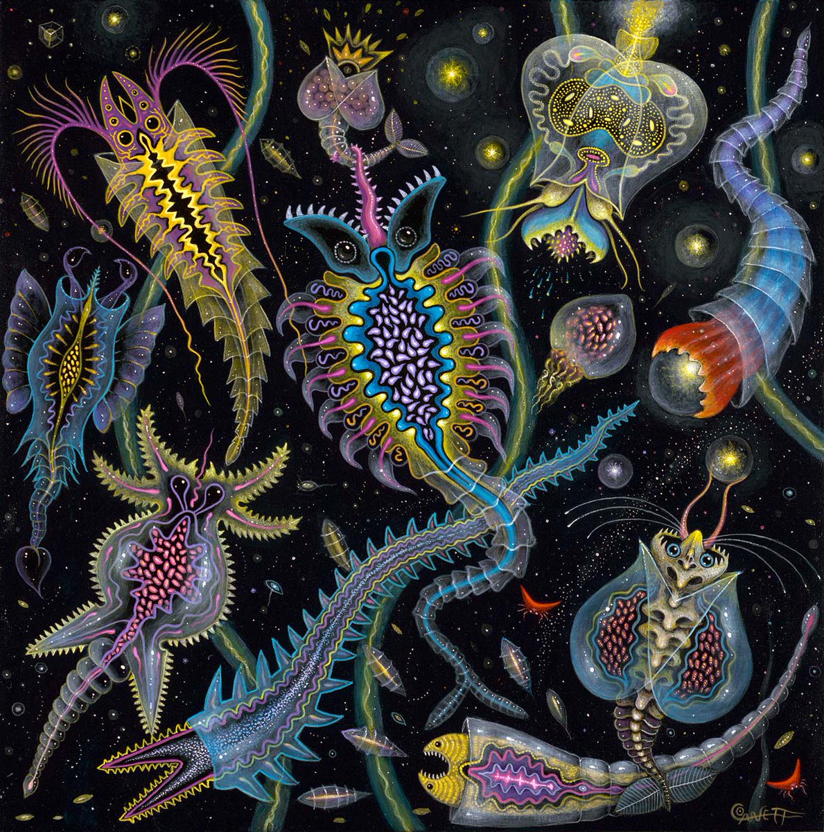 This is CRYSTALLINE LIFEFORMS v1.  I like to draw and paint the things I see as I drift off to sleep. These organisms may, in reality, be a particle of dust or a loose bit of sclera in my eye (floaters), but my mind turns them into beautiful creatures.