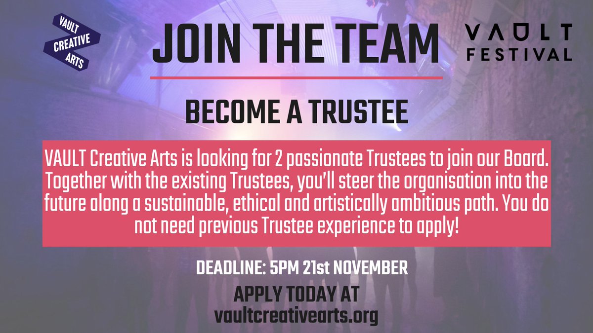 Applications closing tomorrow📣

Become a VAULT Creative Arts Trustee! We are looking for 2 Trustees to join our team.

More info and how to apply via the link below⬇️
vaultcreativearts.org/work-with-us/j…

#ArtsOpps