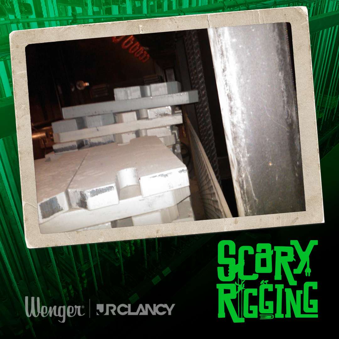 JRClancy1885's tweet photo. Sloppy stacking. What could go wrong? 

#rigsafe #scaryrigging #backstage #rigging #theatre https://t.co/BGwyHrICch