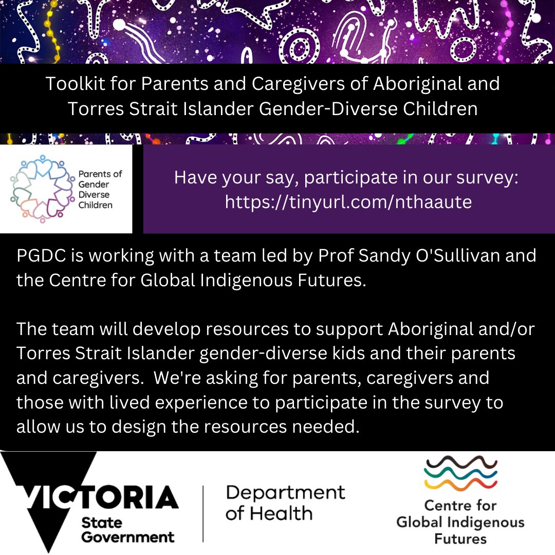 sandyosullivan's tweet photo. Pls retweet:

Parents of Gender-Diverse Children (@PGDCsupport) is working w/us at @IndigFutures to develop resources.

We're asking Trans Mob &amp; parents/caregivers of Aboriginal and/or Torres Strait Islander gender-diverse kids to participate in a survey: https://t.co/a21oIPVBMr https://t.co/cSIxnidceQ