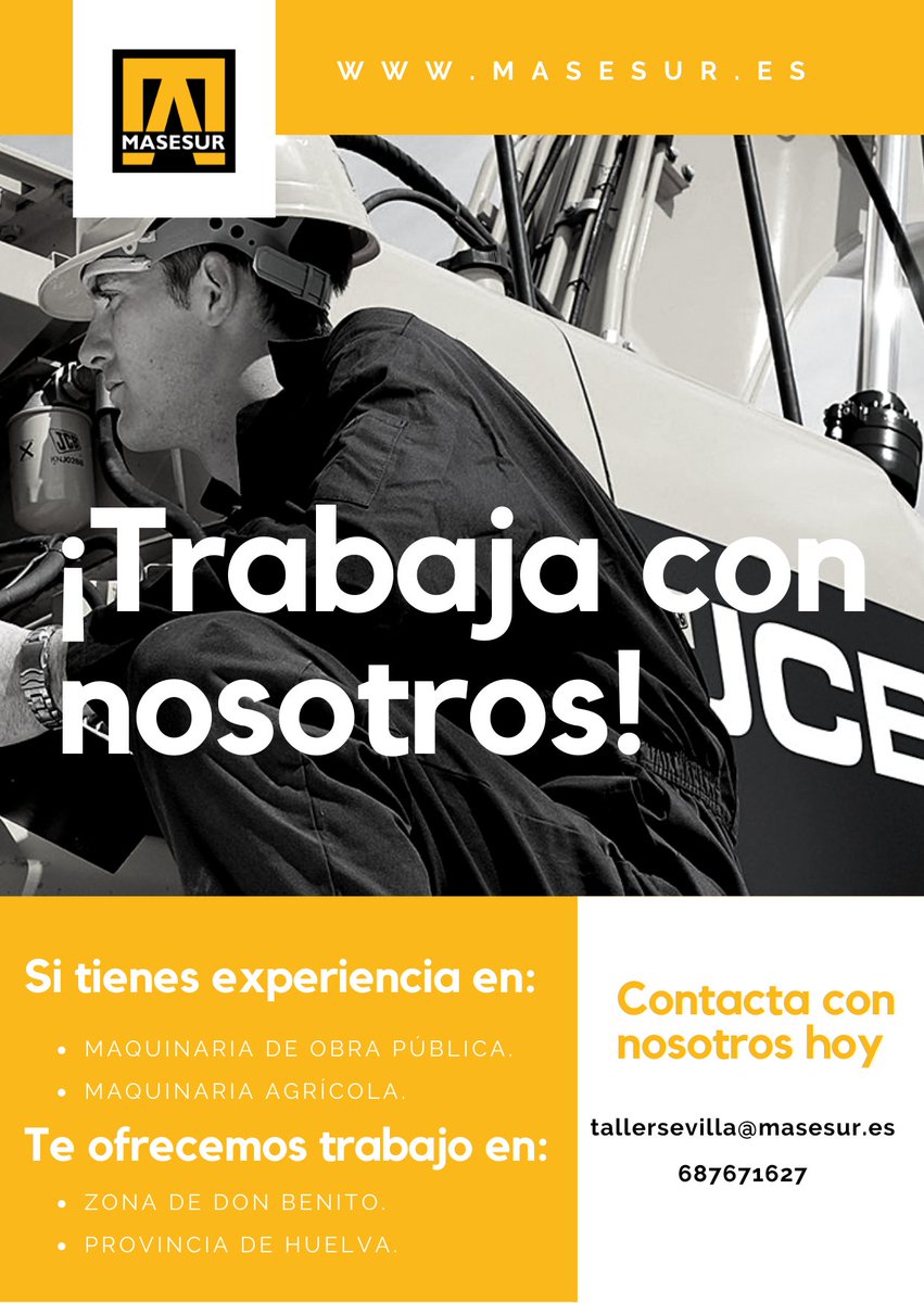 masesursl's tweet photo. 🤝 TRABAJA CON NOSOTROS !

Si tienes experiencia en maquinaria agrícola y de obra pública, te ofrecemos trabajo en la zona de Don Benito y en la provincia de Huelva.

📞 687671627
💻 tallersevilla@masesur.es

#ofertadeldia #mecánico #ofertadetrabajo  #Huelva #donbenito https://t.co/9frvK9YY4f