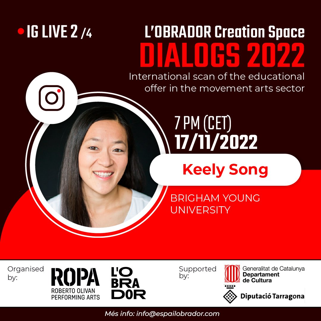 EspailObrador's tweet image. 📌Keely Song, Assistant Professor of Dance and Artistic Director at #BrighamYoungUniversity (BYU) is our 𝗗𝗜𝗔𝗟𝗢𝗚𝗦 𝟮𝟬𝟮𝟮 guest. See you on Instagram! 

 📍instagram.com/espailobrador
🗣️English 

ℹ️ espailobrador.com/en/calendario-… 

#EspaiLOBRADOR #BYU #iglive #movementarts