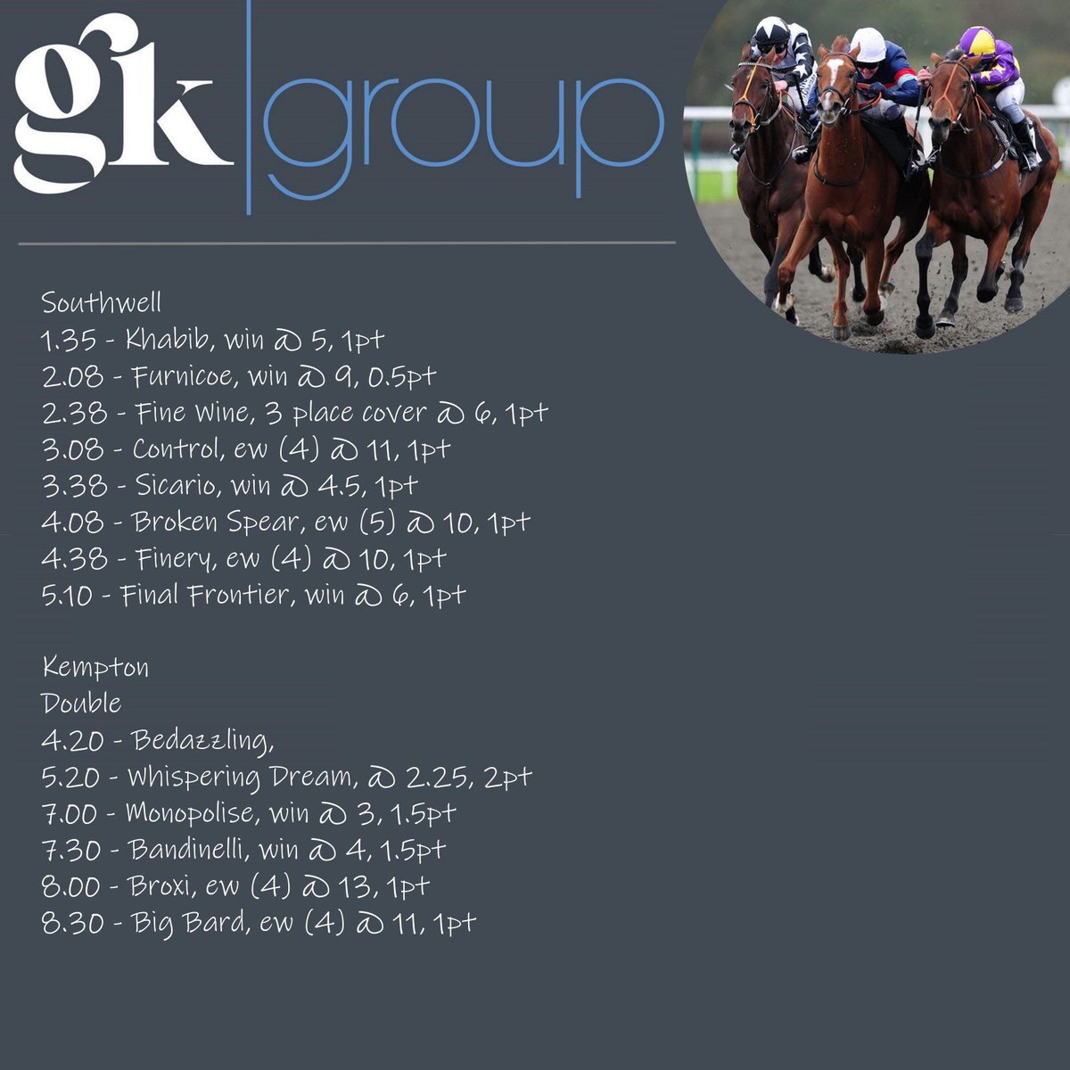 GKGrouptips's tweet photo. Morning All

Fancy a few #HorseRacingTips today? 

Have a look at the below, good luck if you’re on them

🐎🐎🐎🐎🐎🐎🐎🐎🐎🐎 https://t.co/J80VyEjh3g