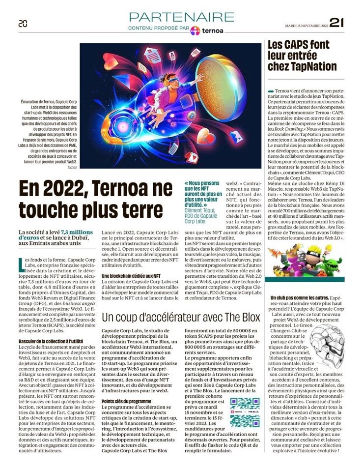 We’re happy to see Ternoa featured in one of the most-read free magazines in France @20minutes. 🥳

Outlining how Ternoa will continue growing and drive blockchain adoption in France. Check it out: