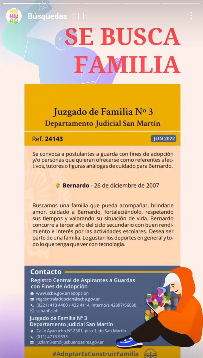 #AdoptenNiñesGrandes 
No sé si B se despertó de buen humor o aun duerme, si está en la escuela, o por ir. Si se levantó apurado. Si sabe qué va a hacer a la tarde. Si de camino se cruza muchos perros o si no pisa las rayas de la baldosas. No sé cuántas veces miró el cielo.