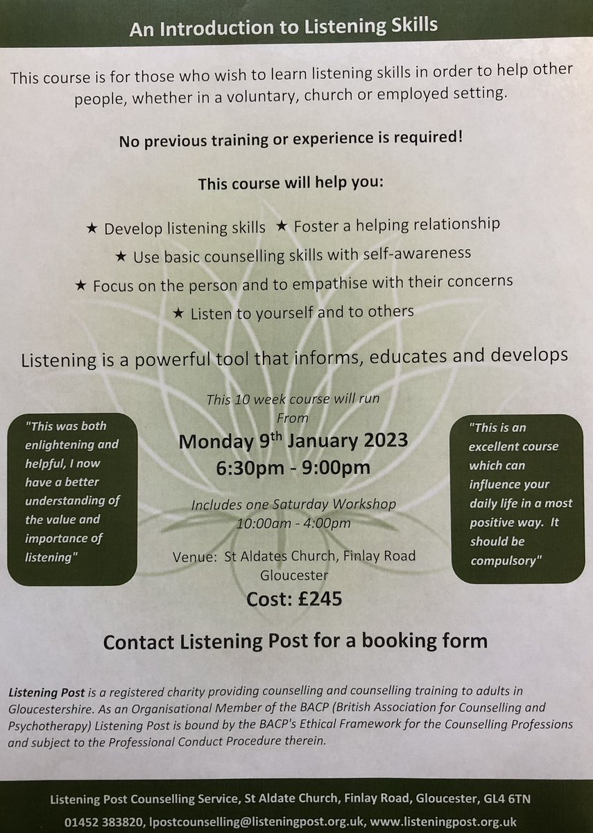 Listening Skills course          Monday 9th January 2023 £245 for 10 weeks St Aldate’s Church, Gloucester 6.30pm - 9.00pm