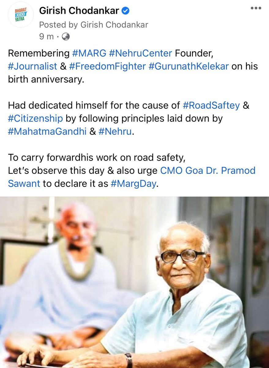 goanewshub's tweet photo. Congress leader Girish Chodankar remebers #MARG #NehruCenter Founder, #Journalist & #FreedomFighter #GurunathKelekar on his birth anniversary.
"Let’s observe this day & also urge CMO Goa Dr. Pramod Sawant to declare it as #MargDay," he tweets. https://t.co/4JheVwSG9O