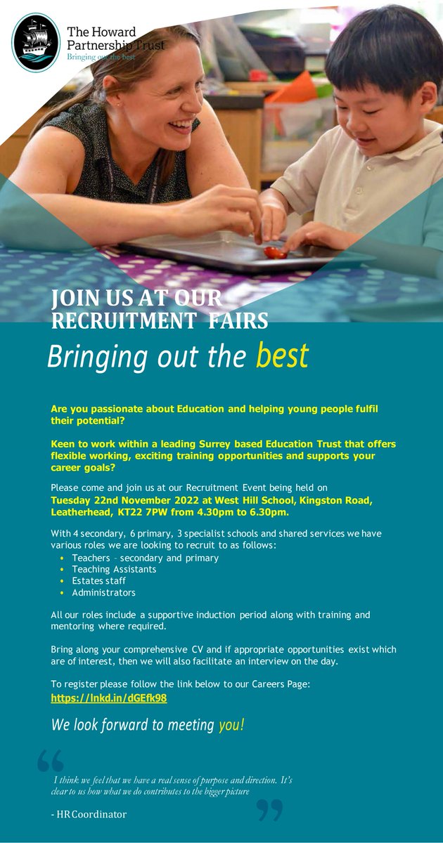 For those looking for a rewarding role in a leading Surrey Education Trust, please join us at our next recruitment evening at West Hill School, Leatherhead on Tuesday 22nd November.

We'd love to meet you -lnkd.in/dGEfk98

#MAT #Surreyschools #jobsinsurrey
