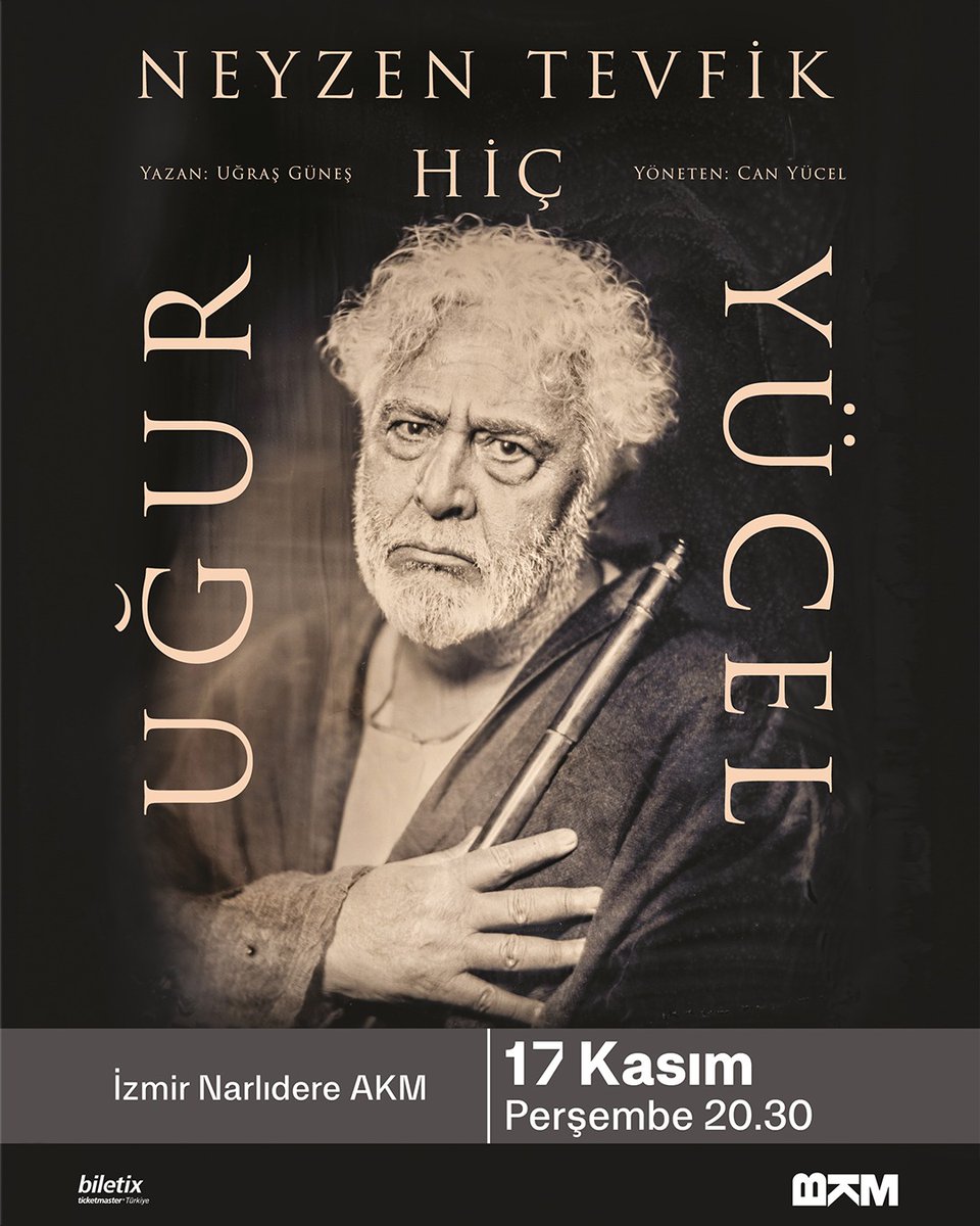 BkmSahne's tweet photo. Uğur Yücel, tek kişilik oyunu Neyzen Tevfik - “Hiç” ile yarın İzmir'de! @uguryclofficial

Biletler 👉 https://t.co/rN8lrYwL0B https://t.co/rDRiiGeR8o