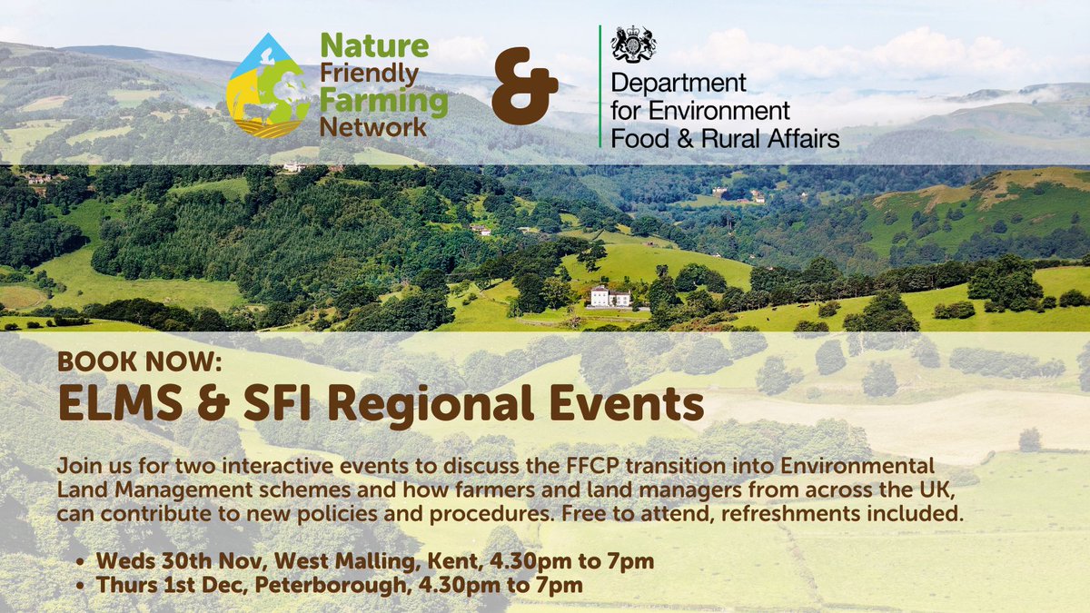 NFFNUK's tweet photo. #NFFNEngland
Join us to discuss FFCP's transition into ELMS &amp; learn how you can contribute to new policies

South Eastern Region, Kent
📅 Weds 30 Nov
🕚 4.30pm-7pm
Book ➡️ https://t.co/ZpQct7nLdH

Eastern Region, Cambs
📅 Thurs 1 Dec
🕐 4.30pm-7pm
Book ➡️ https://t.co/mNkTq1j6DI https://t.co/PwizIwrpGL