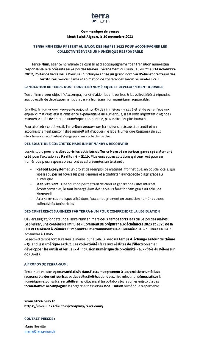 #CommuniquéDePresse | Terra-Num, agence de conseil et d'accompagnement en #transition numérique responsable sera présente au <a href="/salondesmaires/">Salon des Maires et des Collectivités</a> du 22 au 24 novembre, Portes de Versailles à Paris. 🌱

⬇️ Lire le communiqué de Presse :

#SMCL2022 #CollTerr #Territoire #NR