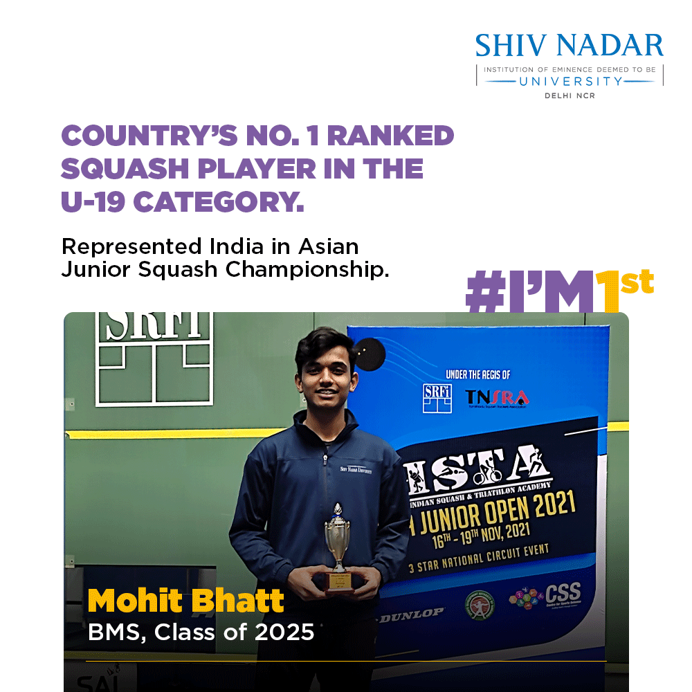 ShivNadarUniv's tweet photo. BMS student Mohit Bhatt has claimed the no. 1 spot in the U-19 category in squash, having represented India in the Asian Juniors Individual #Squash Championship in Thailand on June 2022.
To learn more about #scholarships at #ShivNadarIoE, visit https://t.co/QON9hpEdDj
#ImFirst https://t.co/aqtXrsdBub