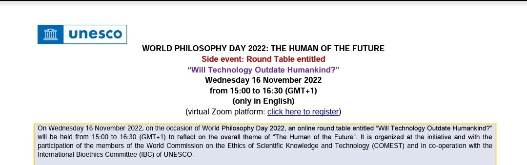 OlyaKudina's tweet image. Today is the World Philosophy Day, and I'm honored to mark it by discussing “Will Technology Outdate Humankind?” at the #COMEST @UNESCO roundtable.   Thank you to @EmmaR_Bloem for inviting me. Join today at 3 p.m.: 
unesco-org.zoom.us/webinar/regist… @TUDelft_AI #AIEthics #PhilosophyTwitter