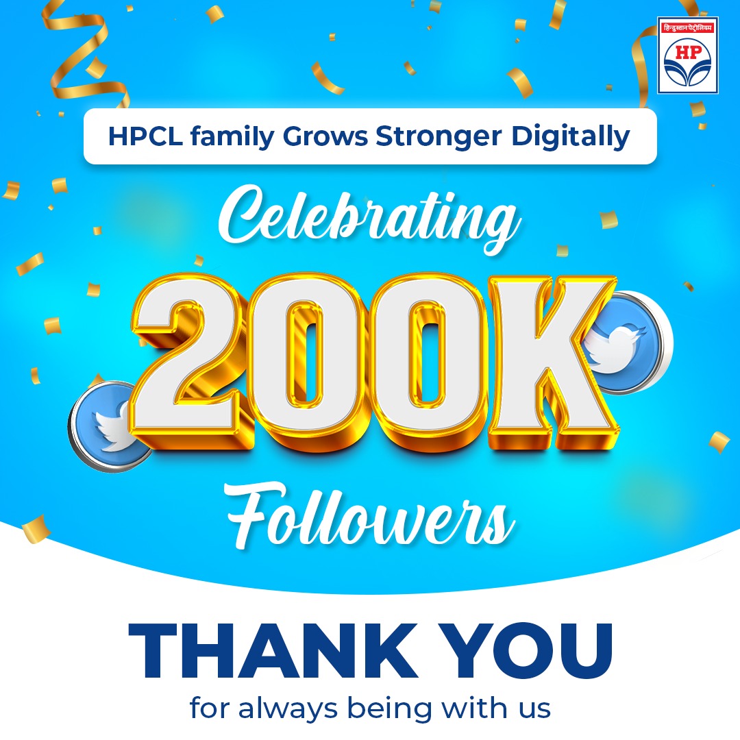 We've come a long way today to grow our Twitter family to a tribe of 200k people. We #HPCL are filled with gratitude and thank each one of you for making us grow to who we are today. Stay with us as we continue #DeliveringHappiness across India. #HPCL.