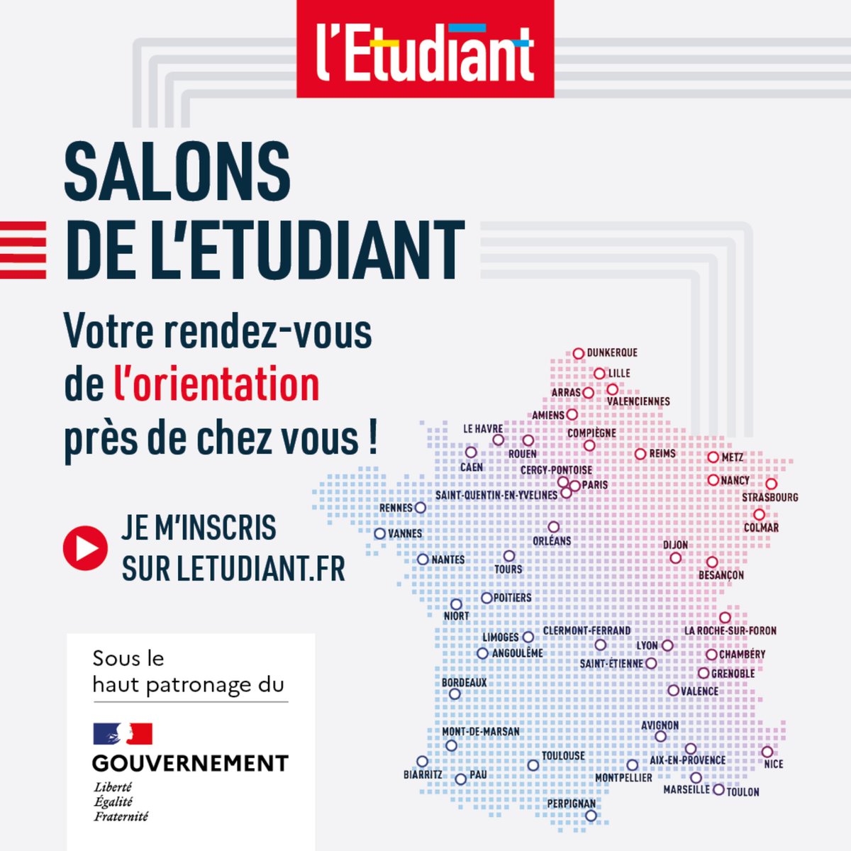 #SALONLETUDIANT • Des rencontres inspirantes t’attendent près de chez toi ! 🤗✅ 🎓‍

📆 Connecte-toi dès maintenant pour chercher le salon proche de chez toi, t'inscrire gratuitement et préparer au mieux ta visite ! 🧑‍💻‍👉 bit.ly/3tAJlYc