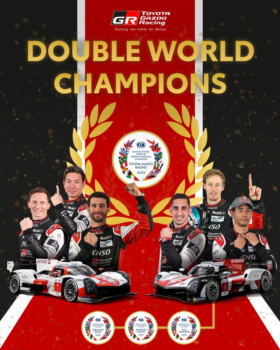 FIA Manufacturers' Hypercar World Endurance Champions 2022 🏆

FIA Hypercar Drivers' World Endurance Champions 2022 🏆

#ToyotaGAZOORacing #GoHyper #WEC