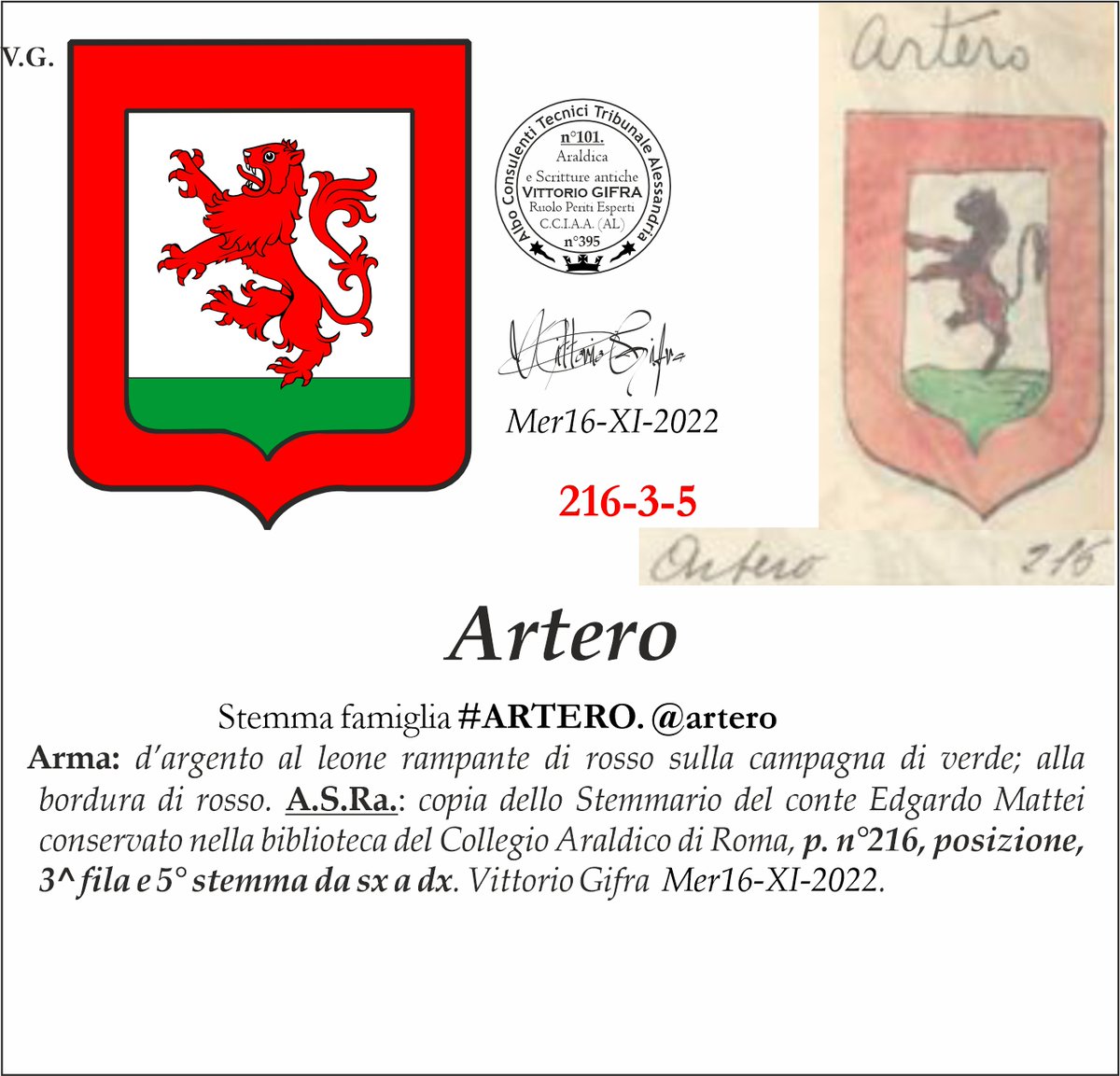VGIFRA's tweet image. Stemma famiglia #ARTERO. @artero
A.S.Ra.: copia dello Stemmario del conte Edgardo Mattei conservato nella biblioteca del Collegio Araldico di Roma, p. n°216, posizione, 3^ fila e 5° stemma da sx a dx. Vittorio Gifra  Mer16-XI-2022.