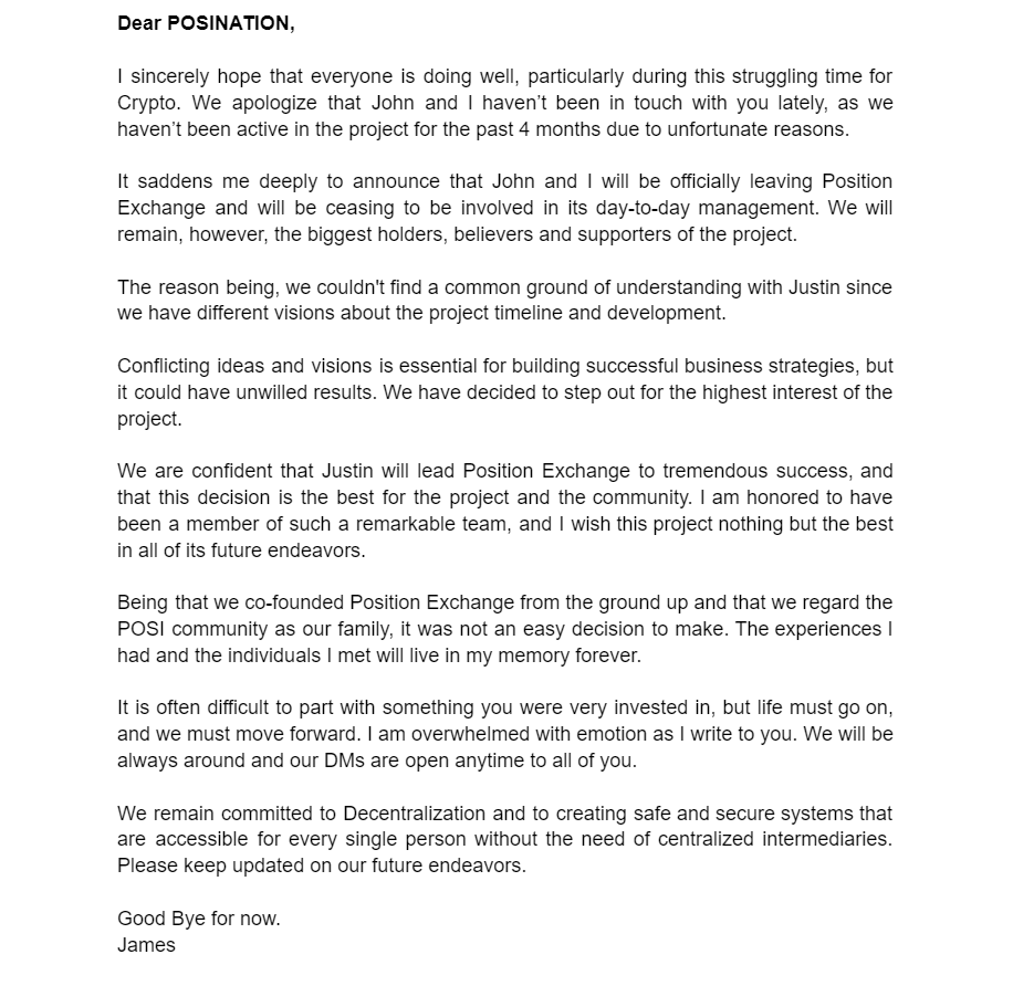 Jamesposition's tweet photo. [IMPORTANT LETTER TO THE COMMUNITY]

Dear #POSINATION,

It saddens me deeply to announce that John and I will be officially leaving Position Exchange and will be ceasing to be involved in its day-to-day management... 

Love you all 🙏 https://t.co/hIvAx1ZM5B