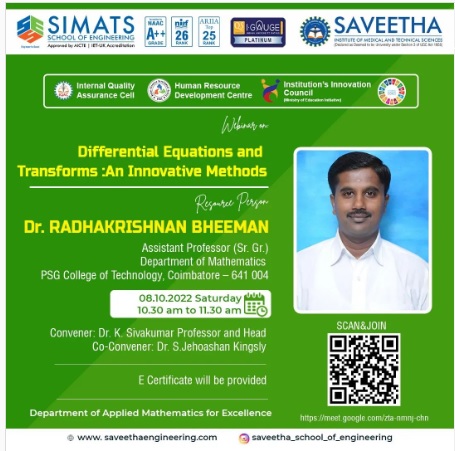 SIMATS_IIC's tweet photo. Webinar on "Differential Equations and Transforms : An Innovative Methods " by the Department of Mathematics, Saveetha School of Engineering, SIMATS on 08.10.2022
#differentialequations #diffrentialtransforms #innovativemethods https://t.co/tbboONDEnl