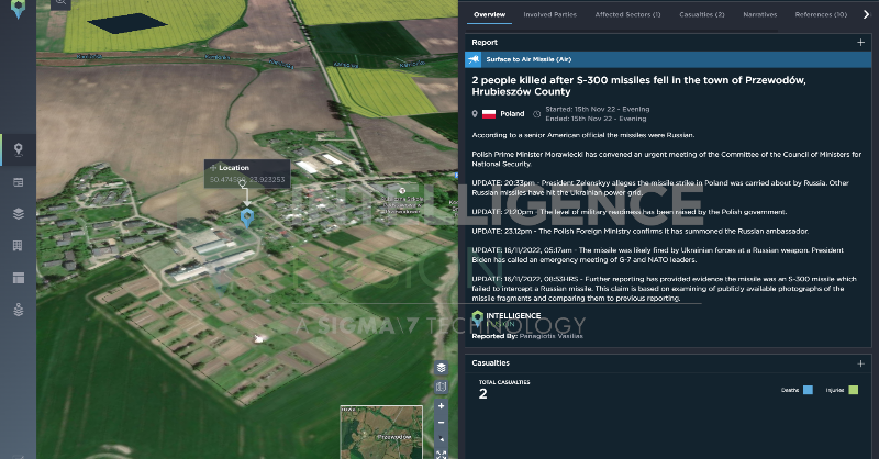 IntellFusion's tweet photo. How missile impact in Poland was reported and updated on our platform over time, with intelligence now suggesting Ukrainian S-300 which failed to intercept a Russian missile. Learn more about what we do at: https://t.co/a2b9GC1NSe #intelcommunity #securityprofessionals