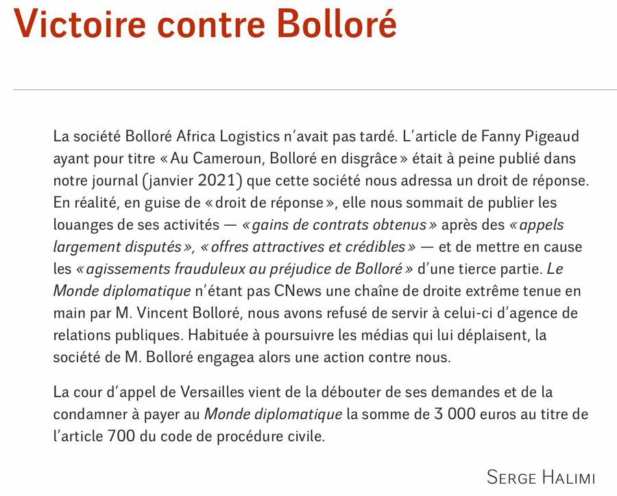 Nouvelle victoire contre les censures de Bolloré.

Le @Monde_diplo avait publié un article sur les activités de #Bolloré au Cameroun.
Bolloré les a poursuivi en justice et vient de perdre le procès !

Le combat contre sa censure a encore gagné.✊🏻