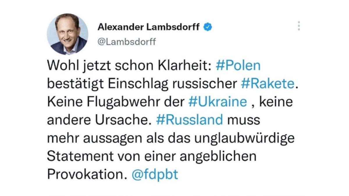 stephanpalagan's tweet photo. Wenn ich @Lambsdorff, BILD und die anderen „Experten“ richtig verstanden habe, wird die NATO jetzt, sofern die US-amerikanischen Informationen stimmen, gegen die Ukraine vorgehen müssen.

(Oder man hält sich das nächste Mal mit „Klarheit“ und „Russen-Rakete“ etwas zurück.) https://t.co/V0G9aw95pZ