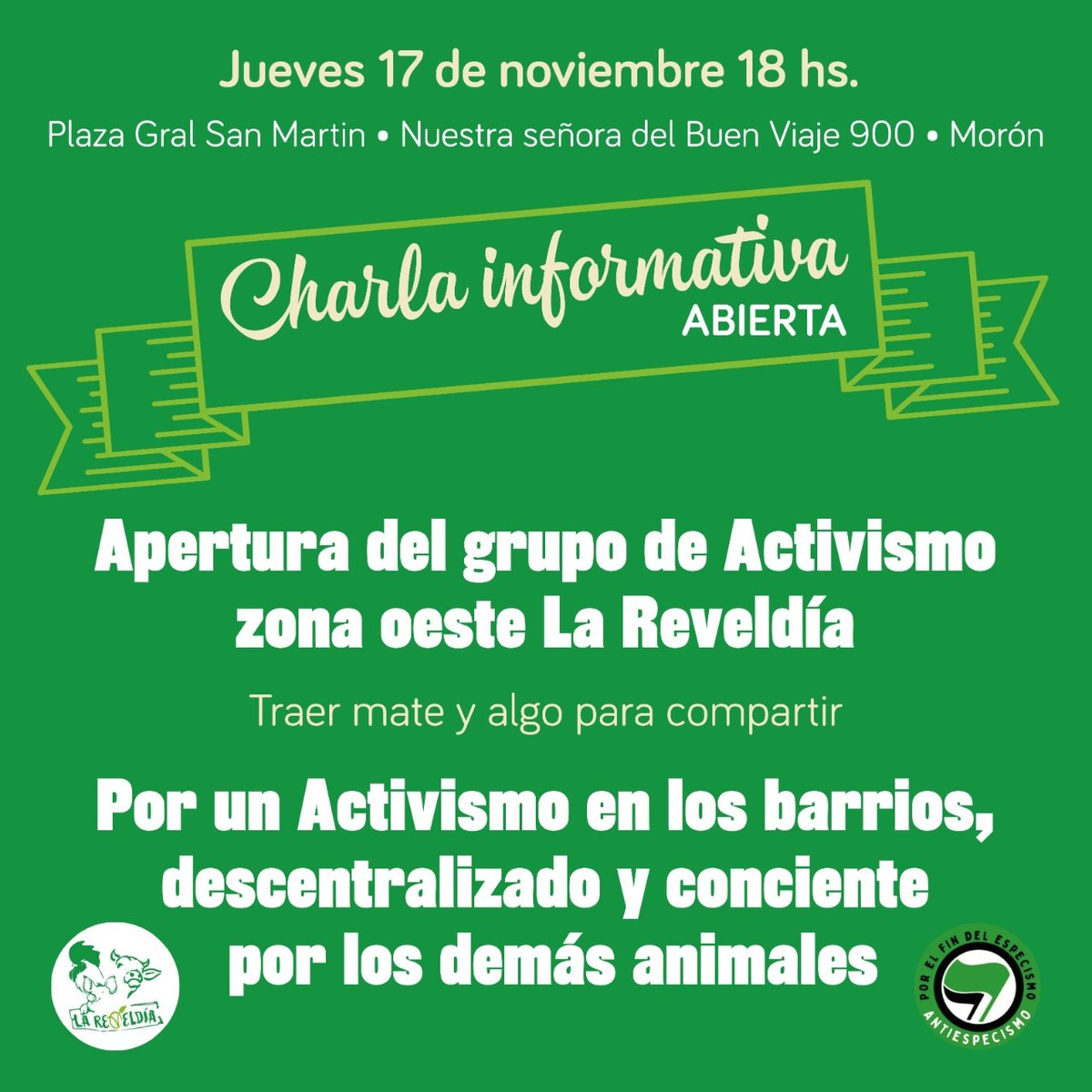 Les esperamos este jueves a las 18 hs en la plaza Gral San Martin, Morón.Todxs invitados, traer algo rico para compartir.
#LaReveldia #Activismo #Veganismo #Antiespecismo #zonaoeste #Sumateaactivar