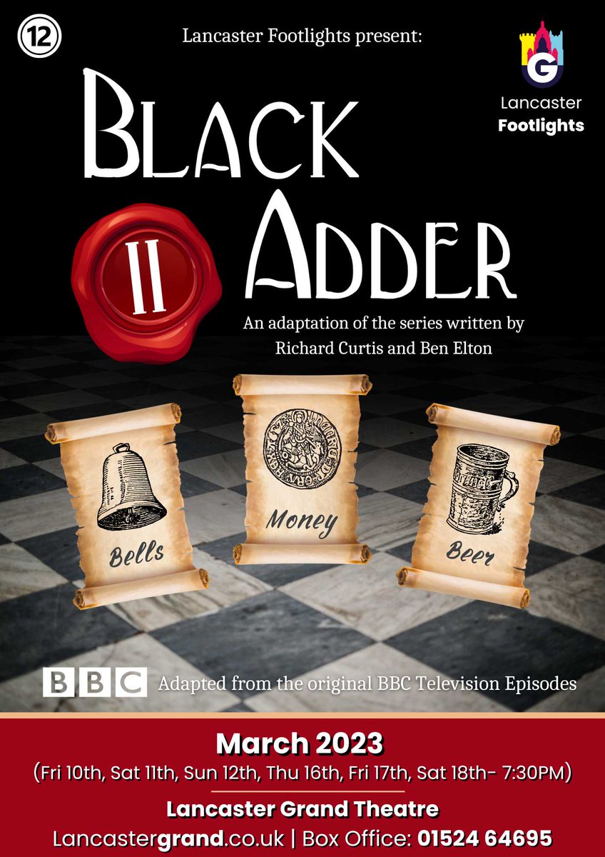 <a href="/lancfootlights/">Lancaster Footlights</a> present: 
Blackadder II

📅 Friday 10th- Sat 18th March 2023 (Various times/ dates) 

Amateur production of Richard Curtis and Ben Elton's Blackadder II, adapted from the hit BBC comedy series. 
 Age 12+

lancastergrand.co.uk/shows/blackadd…

#lancaster #whatson #comedy