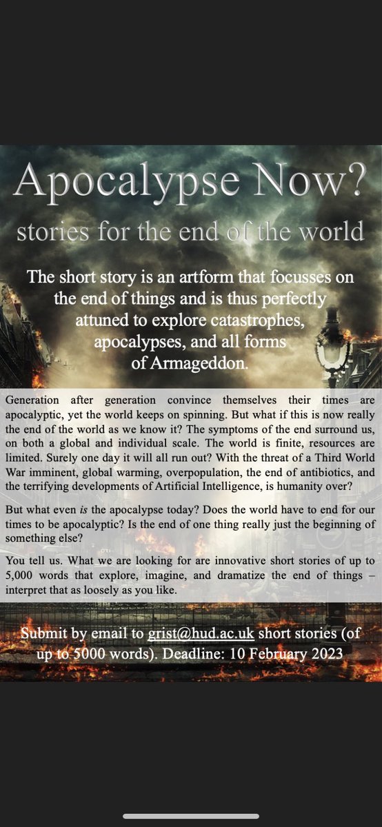 We want to hear from you. Submit by email to grist@hud.ac.uk before February 10th, 2023. 
<a href="/headspam/">Michael Stewart</a> <a href="/hudCWsociety/">Huddersfield University Creative Writing Society</a> <a href="/wooperark/">Joseph Blythe</a> #writingprompts