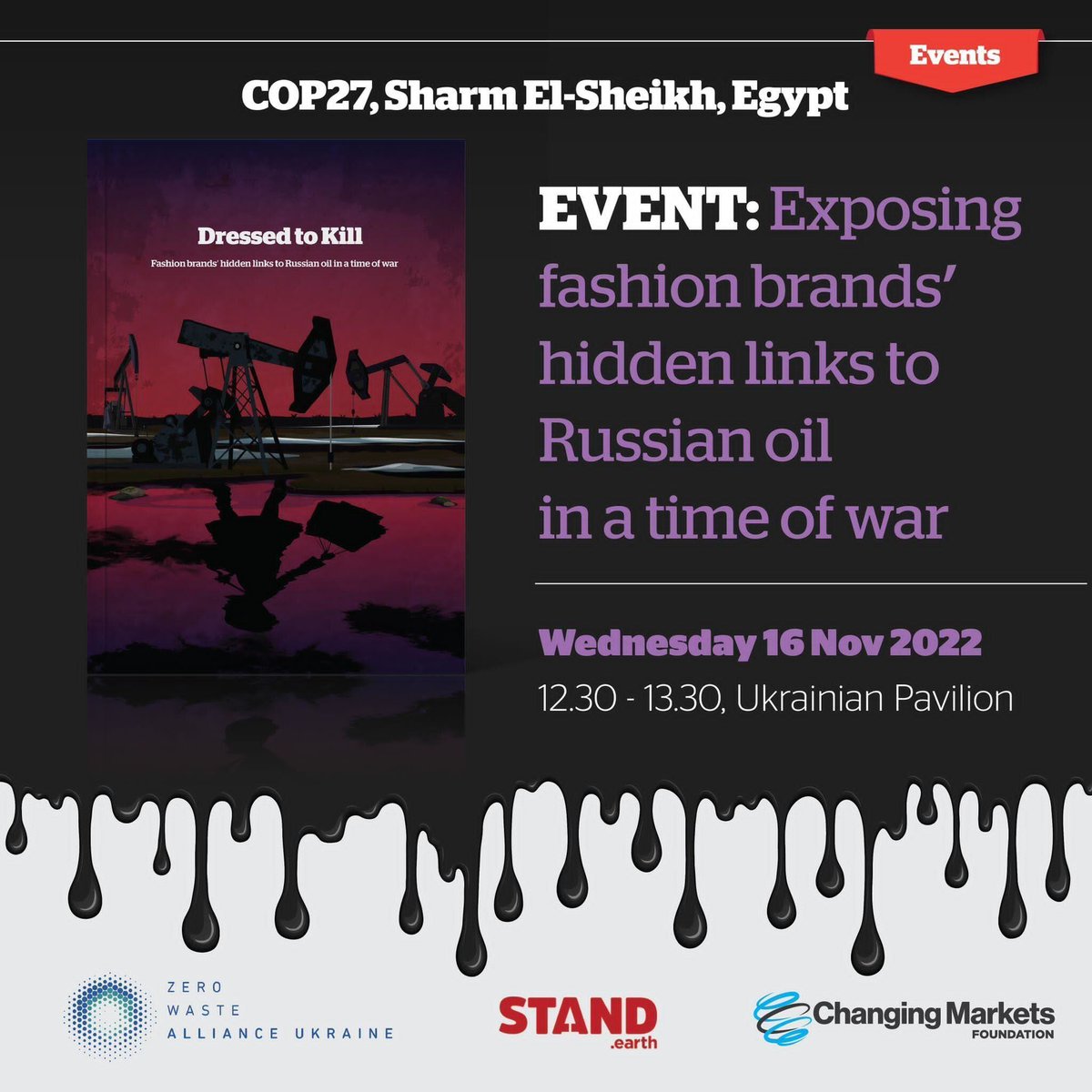 standearth's tweet photo. HAPPENING NOW: Our own @garyacook is moderating a panel at #COP27 on the fossil footprint of the fashion industry and its connections to Russian oil, ft. Stand campaigner Rachel Kitchin, @ChangingMarkets @ZWAUkraine and more. https://t.co/h639IrCKPu https://t.co/iv3lfQGh4q