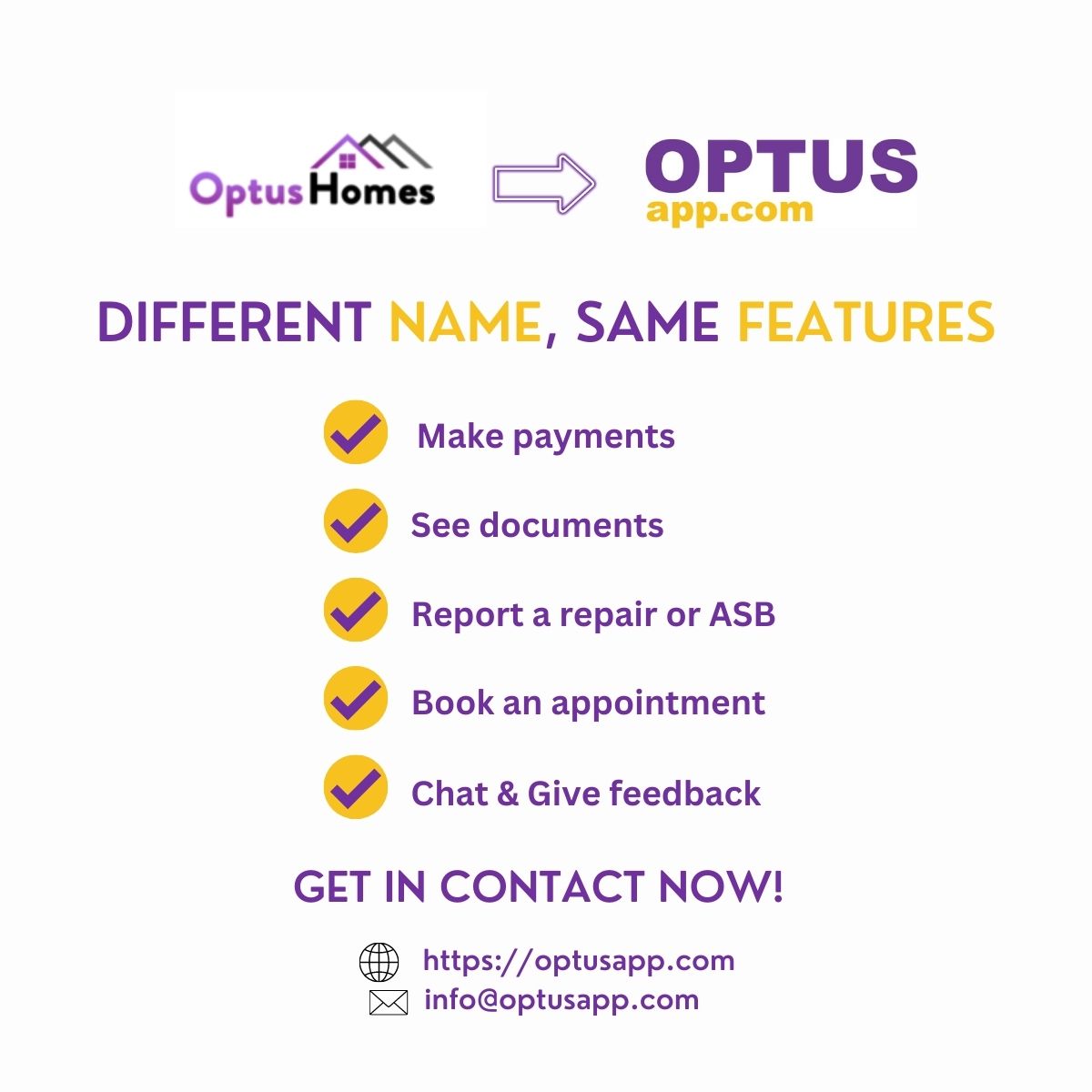 We have rebranded! 💡 
OptusHomes is now OptusApp. 
Different name with the same great features.

Get in contact !
Check out our website  - optusapp.com
Email us to learn more - info@optusapp.com
#tenants #tenantmanagement #socialhousing #socialhousinglandlords