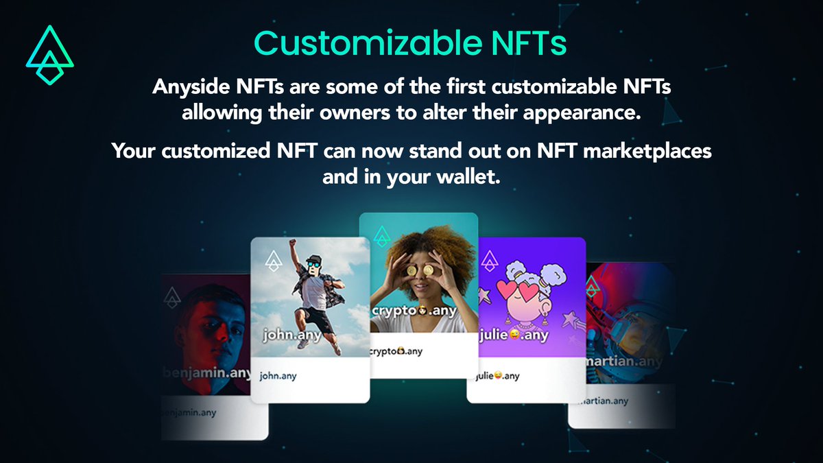 AnysideNames's tweet photo. 4️⃣ Anyside NFTs are some of the first customizable NFTs allowing their owners to alter their appearance.

Your customized NFT can now stand out on marketplaces and in your wallet. https://t.co/xCEeEJnhQD