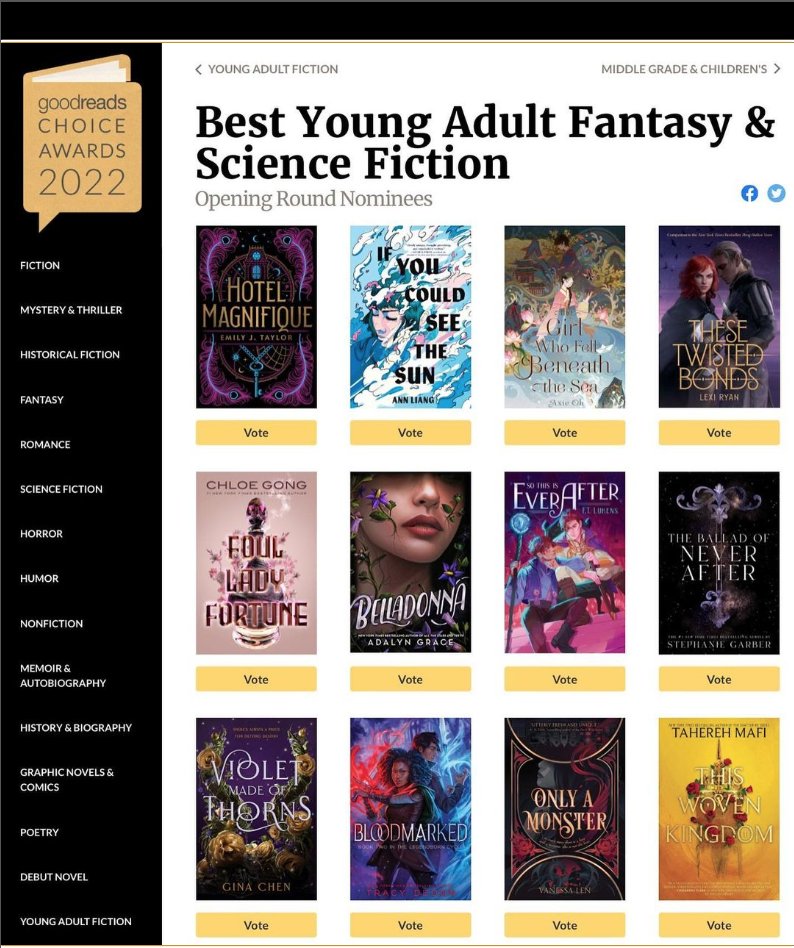 🥳🥳 HOTEL MAGNIFIQUE has been nominated as Best Young Adult Fantasy & Science Fiction in the 2022 @goodreads Choice Awards. Congratulations @emilycanwrite! Get your votes in for this spellbinding fantasy! 👇👇 goodreads.com/choiceawards/b…