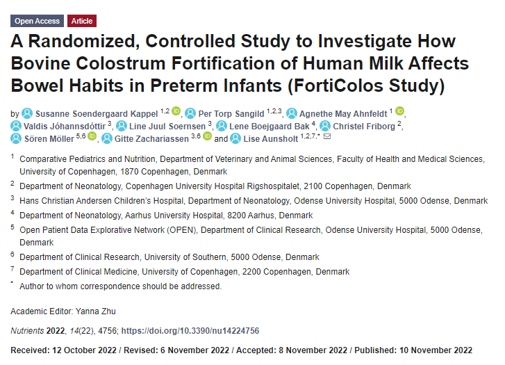 A Randomized, Controlled Study to Investigate How Bovine Colostrum Fortification of Human Milk Affects Bowel Habits in Preterm Infants (FortiColos Study) mdpi.com/1937872 #mdpinutrients via <a href="/Nutrients_MDPI/">Nutrients MDPI</a>