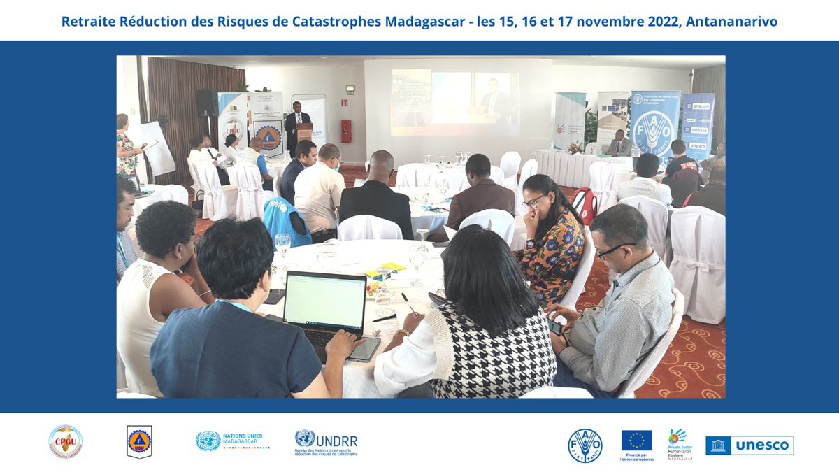 UNMadagascar's tweet photo. Retraite #DRR avec 45 participants,
@UNMadagascar @UNDRR, CPGU @BngrcMada et avec le soutien de @pshpmada @FAOMadagascar @UE_Madagascar @UnescoEast.
Renforcement des liens des acteurs #GRC.Tendance mondiale #DRR par @ameliespeaks1
#DRRMada #StopTheSpiral #Madagascar https://t.co/6tsprsaM2o