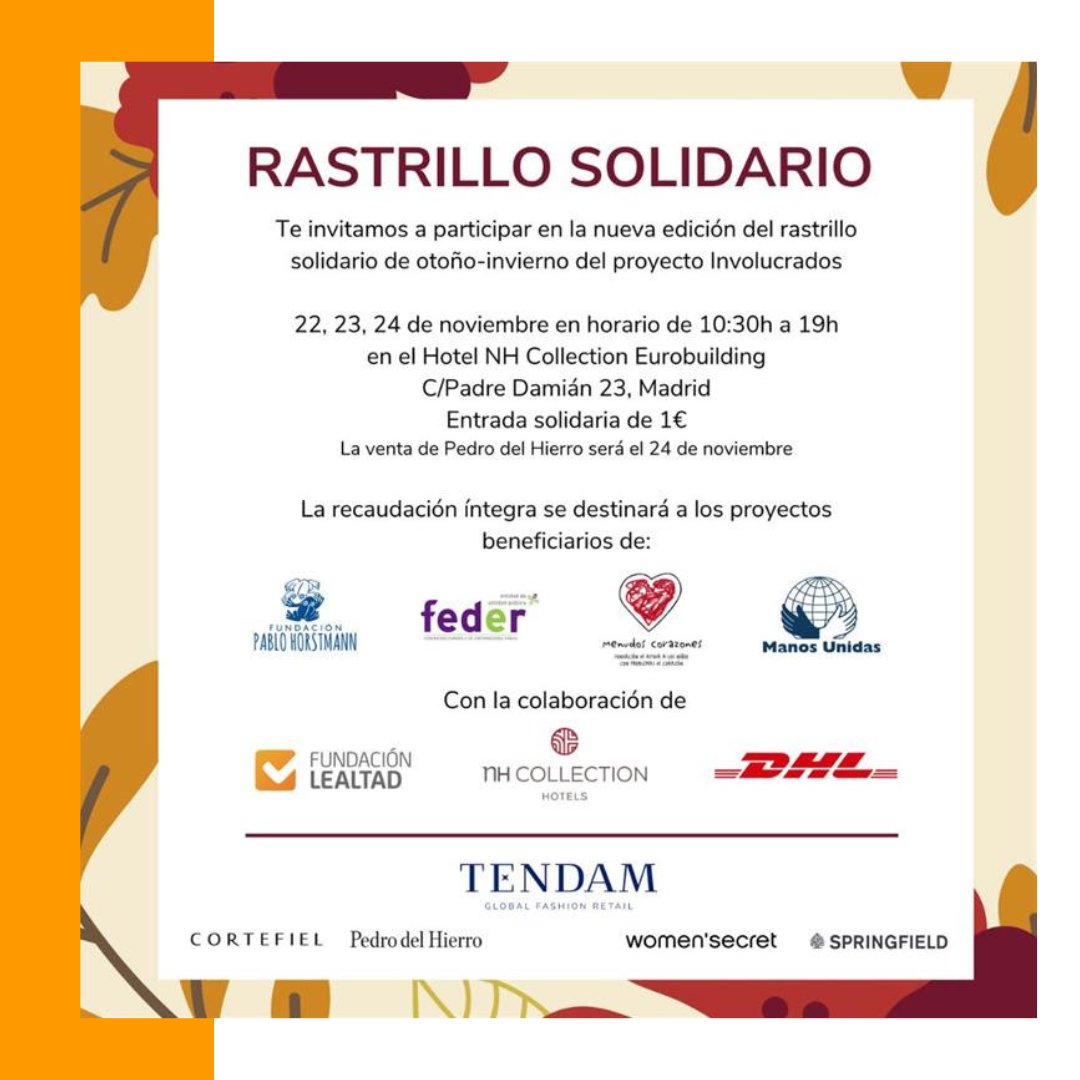 FundLealtad's tweet photo. No te pierdas el Rastrillo Solidario Involucrados de #Tendam. Podrás renovar el armario con marcas como @womensecret @springfieldmw@PdH_es @Cortefiel_es y colaborar con #ONGAcreditadas @ManosUnidasONGD @fundacionpablo.org @FEDER_ONG @MenudosMenudos #Mercadillosolidario https://t.co/bT8avgo9Ud