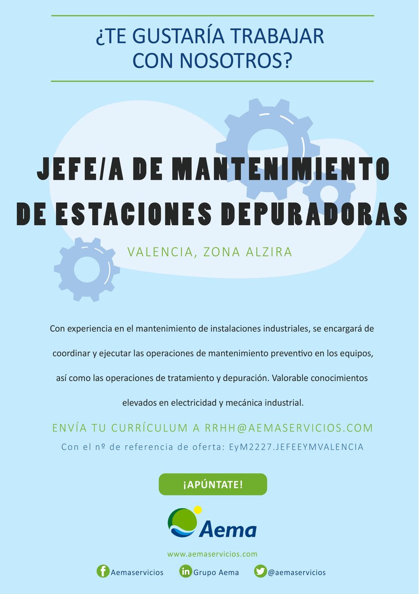 ¿Graduado/a en Ingeniería Ambiental, Ciencias Químicas o similar? ¡Buscamos Jefe/a de Mantenimiento de Estaciones Depuradoras!

📍Valencia, Zona Alzira

Si quieres más información 👇ow.ly/UvBh50LFAWs
