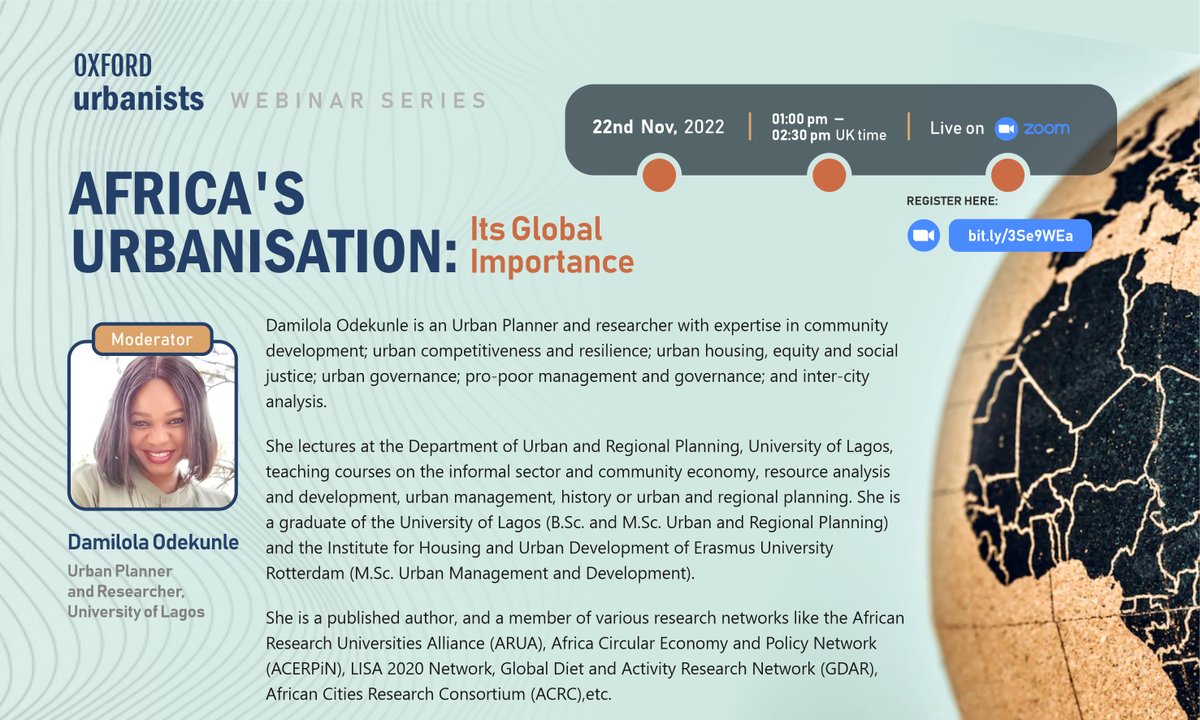 Join our webinar next month, as we gain an insight into the essence &amp; significance of #africa urbanisation
Our moderator <a href="/damiodekunle/">Damilola Odekunle</a> will explore how important it is to the world, that Africa's #urbanisation drive succeeds
Register here: bit.ly/3Se9WEa
#infrastructure