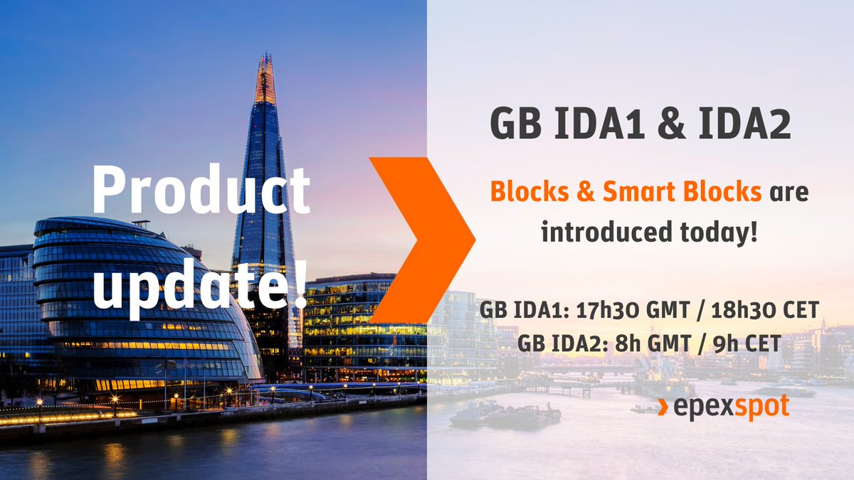 EPEX SPOT SE (@epexspot_se) on Twitter photo 📅 Today is the day!
Block and Smart Block Orders are now available for trading on the GB IDA1 (17h30 GMT / 18h30 CET) and IDA2 (8h GMT / 9h CET) coupled auctions.
Interested in joining our GB market? Contact us at sales@epexspot.com.
#trading #Innovation #electricity 📅 Today is the day!
Block and Smart Block Orders are now available for trading on the GB IDA1 (17h30 GMT / 18h30 CET) and IDA2 (8h GMT / 9h CET) coupled auctions.
Interested in joining our GB market? Contact us at sales@epexspot.com.
#trading #Innovation #electricity